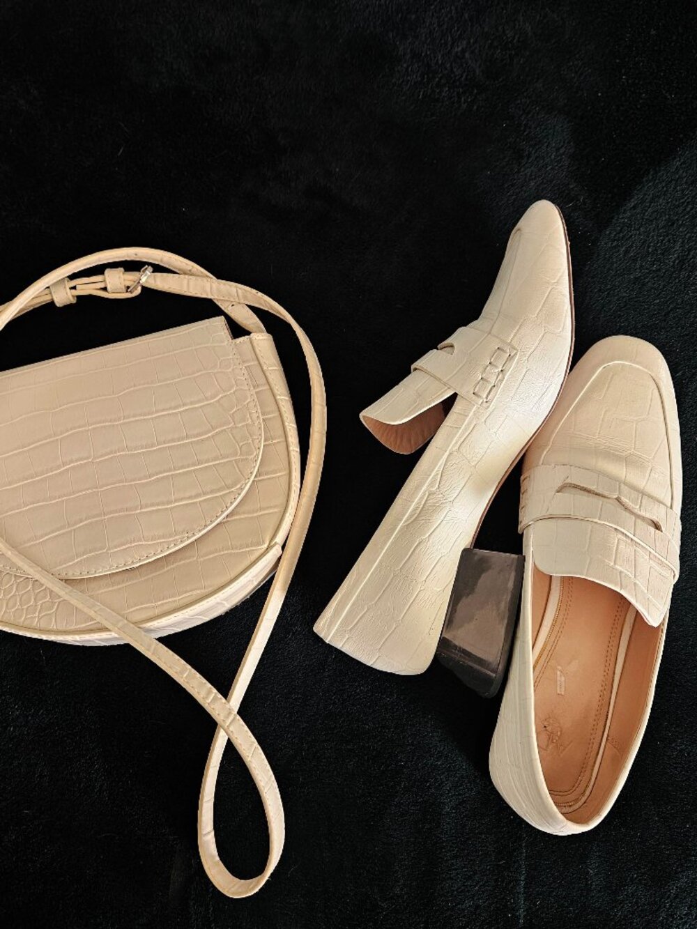 Vintage Loafer White Leather Crocodile Loafer Black Block Heel